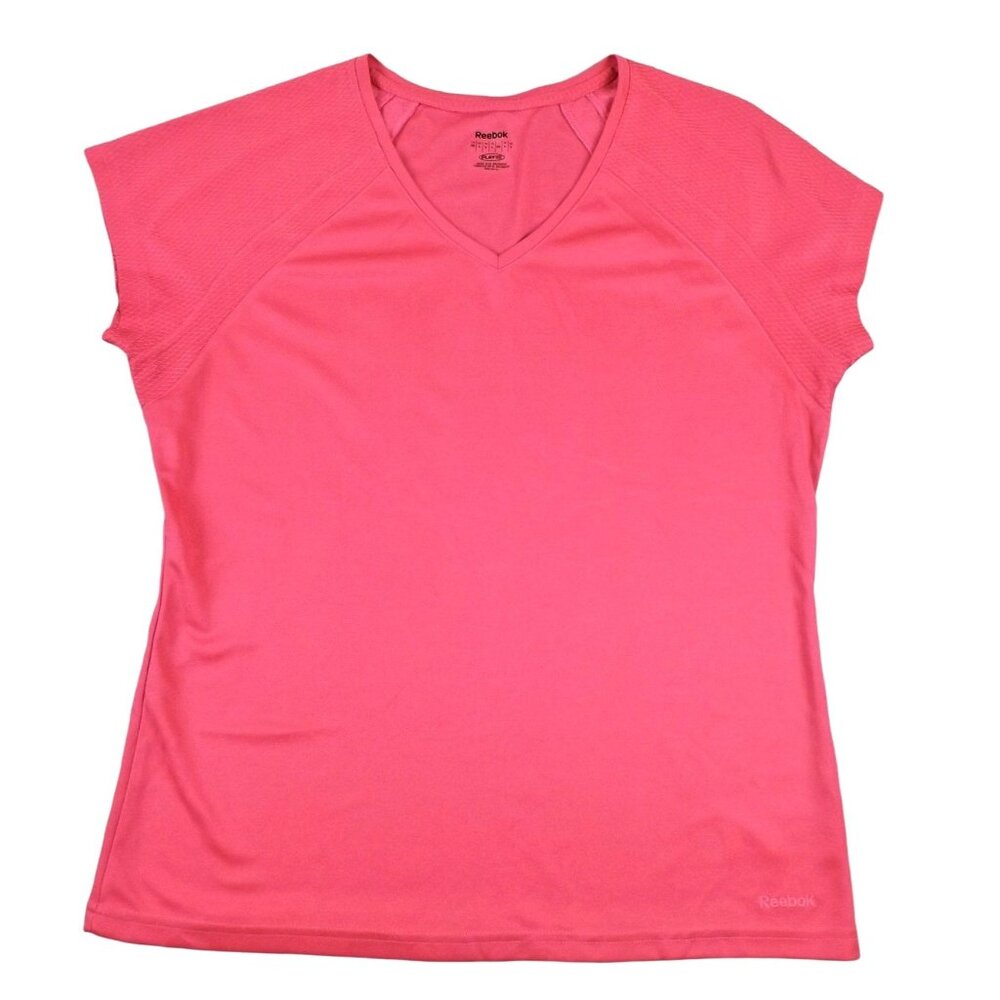 Reebok Womens Play Dry Top Bright Pink V-Neck Sports Shirt Size Large    JH1011